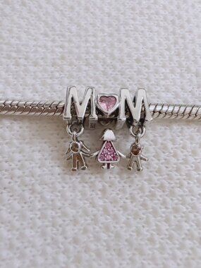 I Love Mom Heart Charm, Family Charm Pink Cz Charm Fit Pandora Bracelet